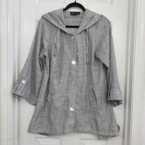 JNY Linen Blend Hooded Tunic Jacket Sz L Black White Striped Coastal Oversized - Picture 1 of 9